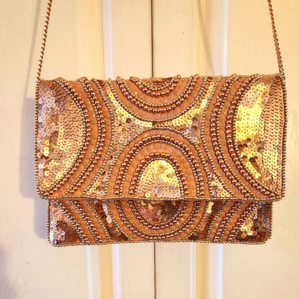 Poppy Stella Pink Sparkle Gold Handbag Purse Shoulder